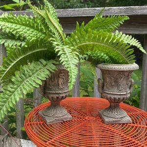 Faux Boston fern and two grey vases with a small faux fern